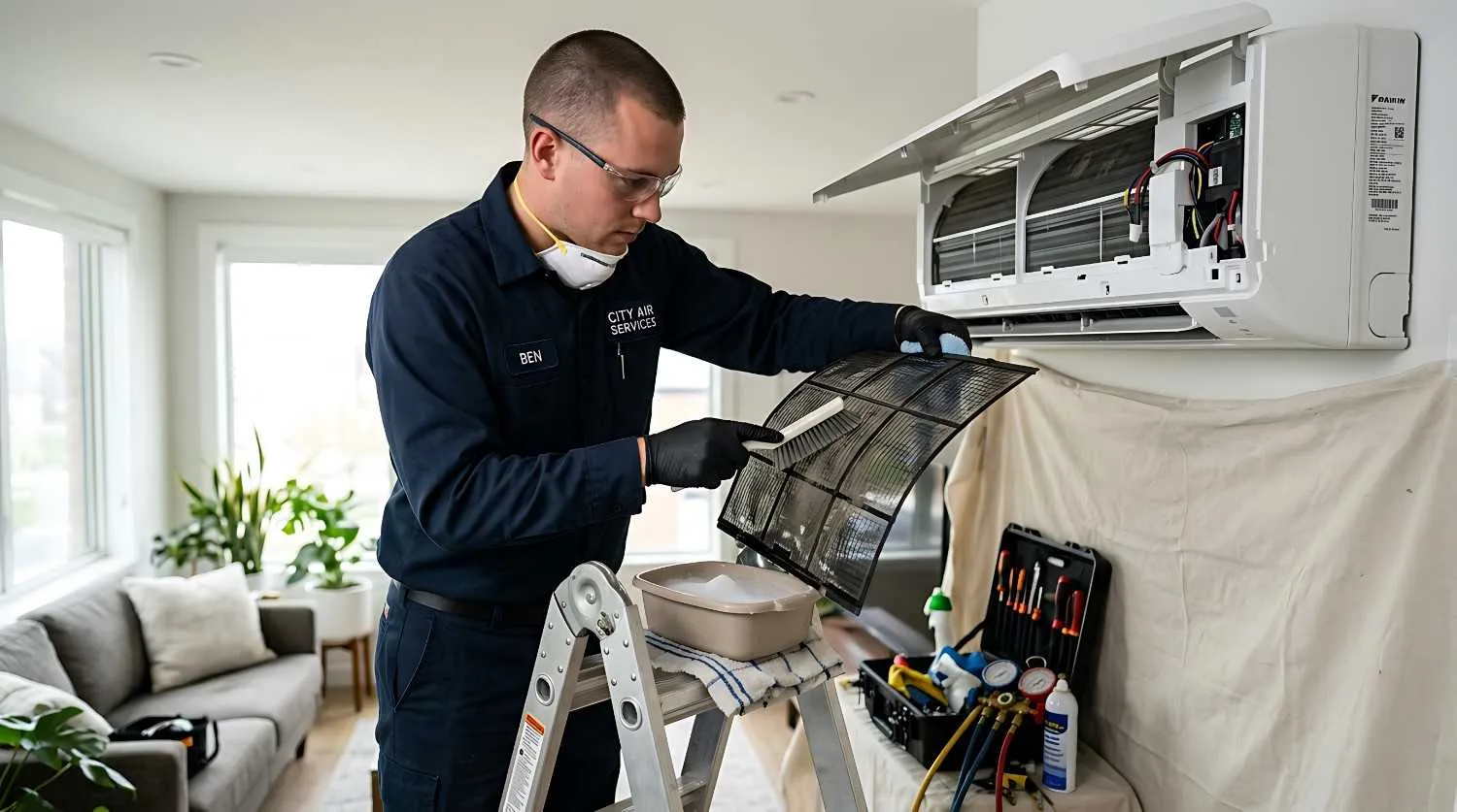 Technician servicing a wall-mounted air conditioner in a living room